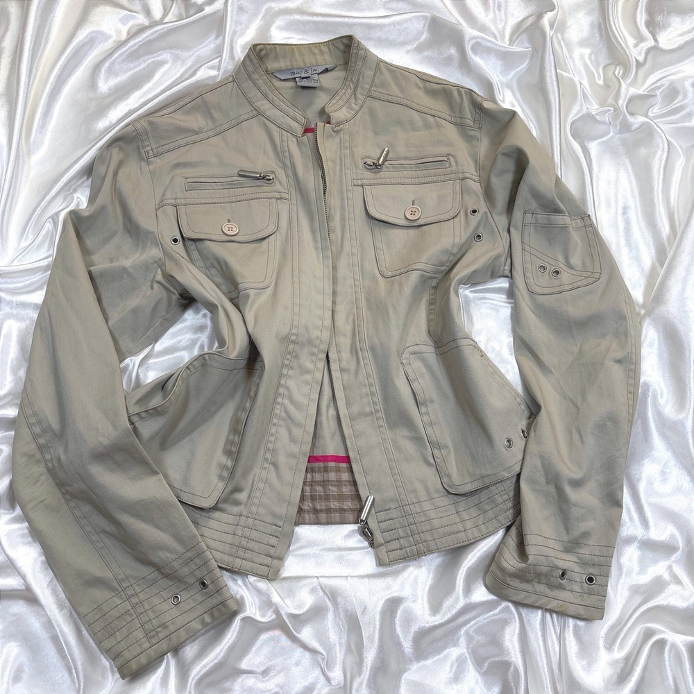y2k Mac & Jac Utility Jacket Tan Good Grommet Multi Pocket Zip Up Cotton Size 8 - Picture 1 of 6